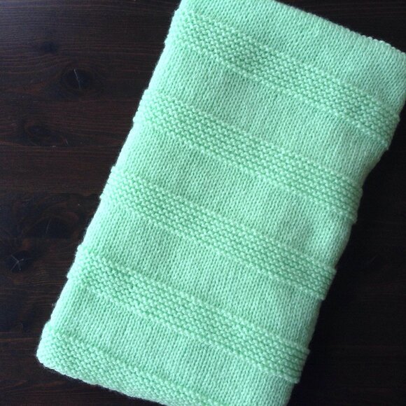 Hand Knit Baby Blanket - Green Raised Stripe - Picture 1 of 4